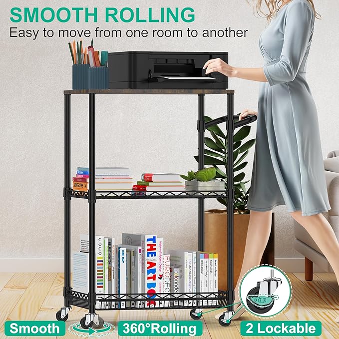 Rolling Kitchen Cart with Wheels, 3 Tier Metal Utility Cart with Wood Tabletop Heavy Duty Wire Rolling Kitchen Island Storage for Pantry Bar Microwave with Handle & Shelf Liners, Black