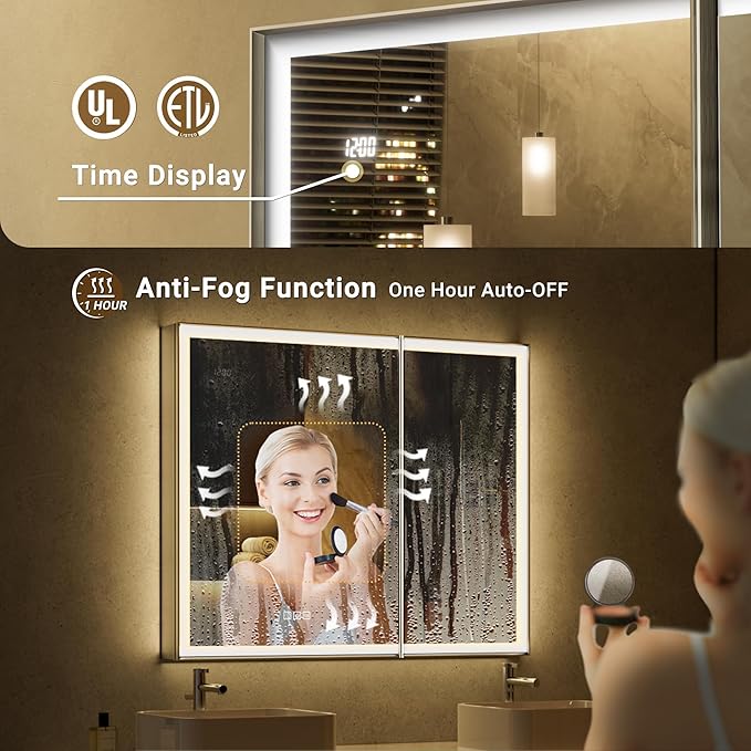 20x32 Lighted Medicine Cabinet, Beveled Brushed Nickel Framed Surface or Recessed Fogless Dimmable LED Medicine Cabinet with Mirror, Outlet, Time Display and Sensor Inner Light