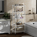 SINGAYE 5 Shelves Storage Shelf Wire Closet Bathroom Organizers Metal Pantry Kitchen Small Garage Shelving Unit Laundry Room Organization Home Narrow Rack Net Basket with Wheels White