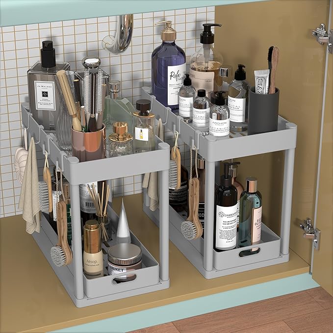 2PC Under Sink Organizer Rack 2 Tier Under Sliding Cabinet Basket Organizer Drawer with 4 Hooks, Multi-purpose Under Sink Storage for Bathroom Kitchen Desktop（Grey）