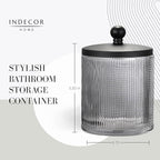 Gray Colored Tranlucent Apothecary Ribbed Geo Etched Glass Jar W/Matte Black Metal Lid Cover for Bathroom Organization, Cotton Balls, Q Tips, and Small Accessories, Bathroom Storage