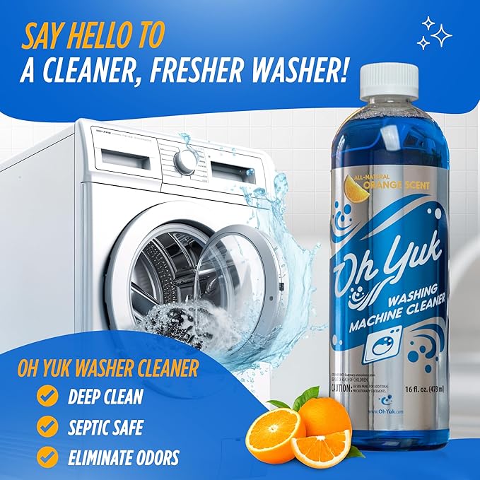 Oh Yuk Washing Machine Cleaner For All Washers (Top Load, Front Load, HE and Non-HE), Natural Citrus Fragrance, Four Cleanings Per Bottle, Septic Safe, 16 Fl Oz