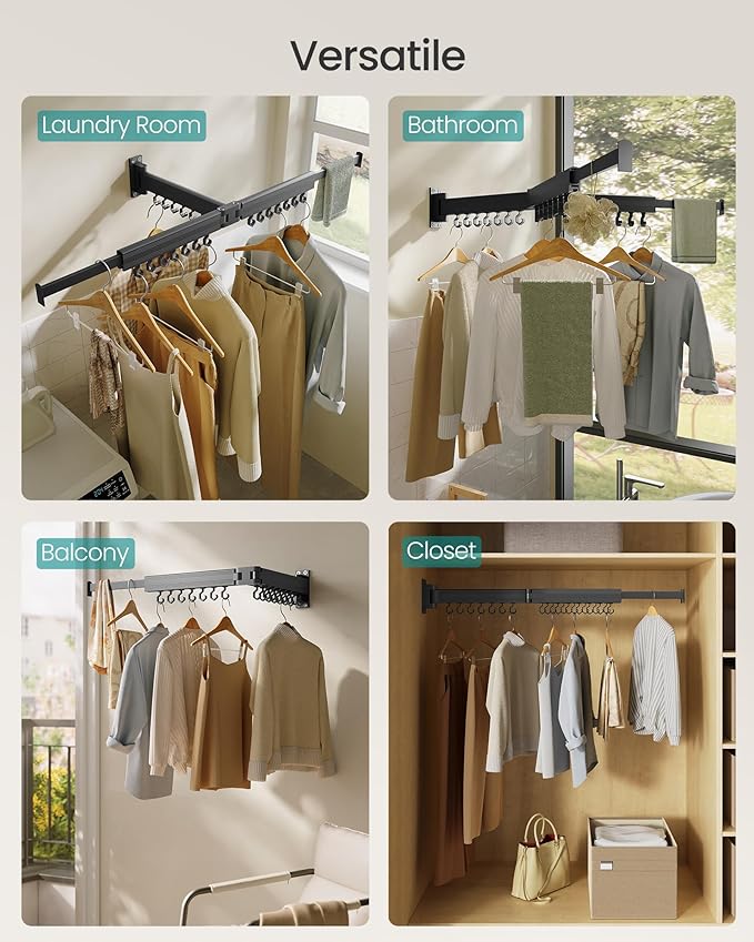 SONGMICS Clothes Drying Rack, Wall-Mounted Laundry Drying Rack, Extendable, Foldable Arms, with 21 Swivel Sliding Hooks, Space-Saving, for Laundry Room, Bathroom, Ink Black ULLR807B01