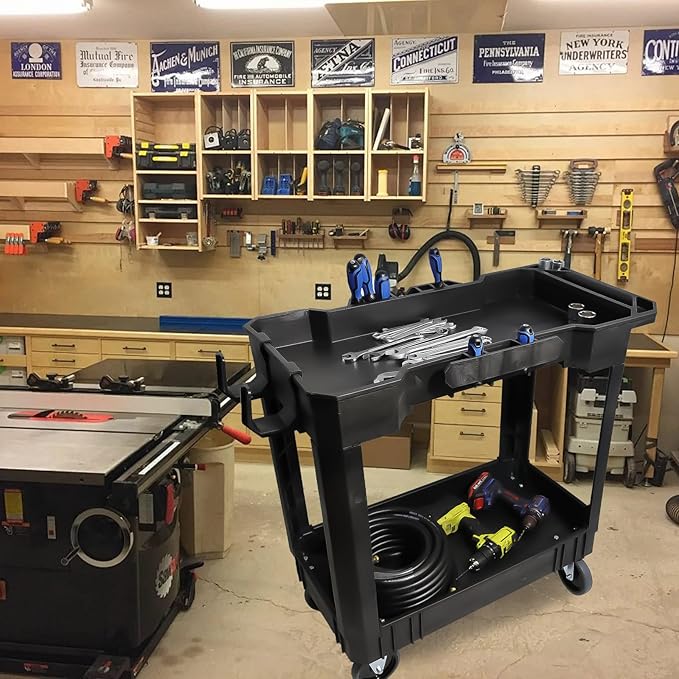 AAIN 2 Shelf Heavy Duty Plastic Utility Cart, Supports Up to 500 Pound Black Rolling Utility Cart. 34 x 17 Inch Service Cart, 4 Wheels, Ergonomic Handle Great for Warehouse,Garage, Cleaning