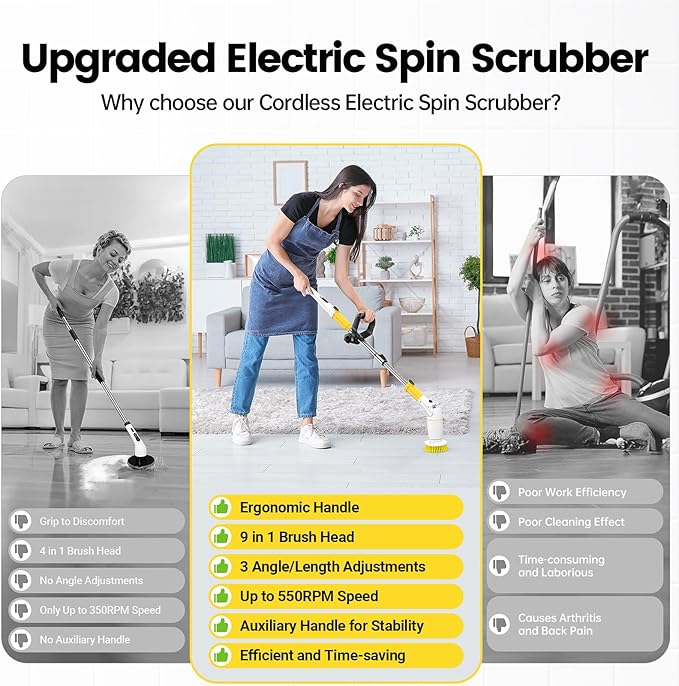 Electric Spin Scrubber, Cordless Cleaning Brush Shower Scrubber Up to 550 RPM with 9 Replaceable Brush Heads, Bathroom Scrubber Adjustable Extension Handle for Bathroom Kitchen Car (Yellow)