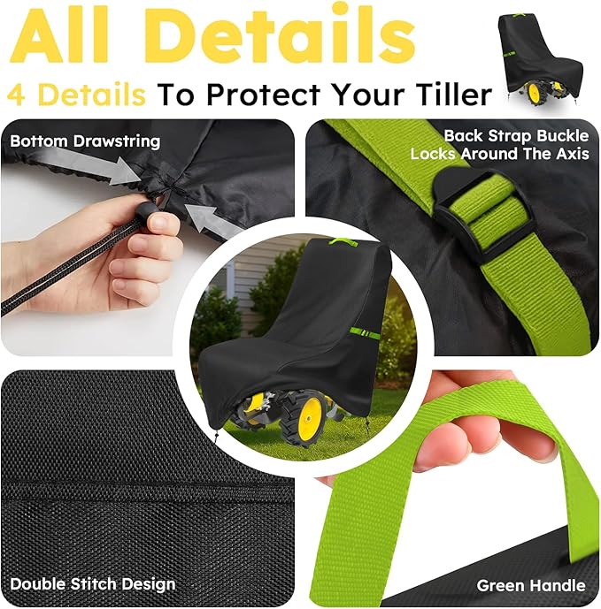 Tiller Cover, Rototiller Covers, 420D Silver-Coated Waterproof Fabric, Adjustable Drawstring Hem, Green Handle & Rear Waist Band – Fits Most Tillers (Black, Gas Tiller Cover)