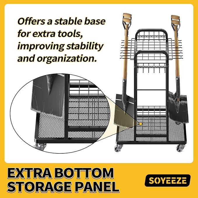 SOYEEZE Garden Tool Organizer with Lockable Wheels, Heavy Duty 3-Tier Yard Tower Tool Rack for Garage, Holds Up to 35 Long-Handled Tools, Garden Tool Cart with 12 Hooks for Tool Organization Storage