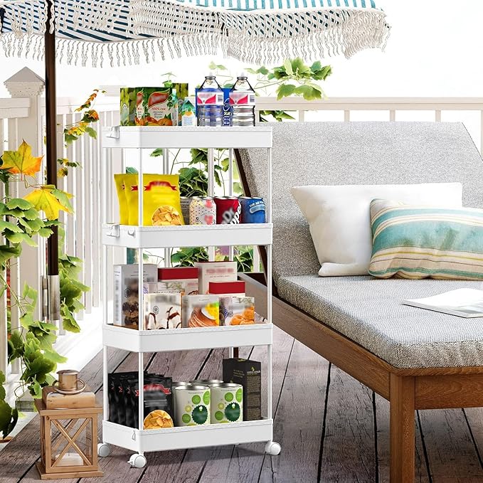 SPACEKEEPER Storage Cart, 4-Tier Mobile Shelving Unit, Bathroom Rolling Cart Utility Storage Organizer Shelf for Kitchen Living Room Bathroom Laundry Room & Dressers, White