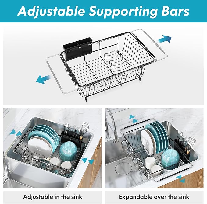 Over the Sink Expandable Dish Drainer Drying Rack In Stainless Steel for Small Kitchen, Counter Space Saving Modern Compact Metal Above Plate Dryer Strainer, Adjustable Hanging Inside Drain Holder