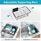 Over the Sink Expandable Dish Drainer Drying Rack In Stainless Steel for Small Kitchen, Counter Space Saving Modern Compact Metal Above Plate Dryer Strainer, Adjustable Hanging Inside Drain Holder