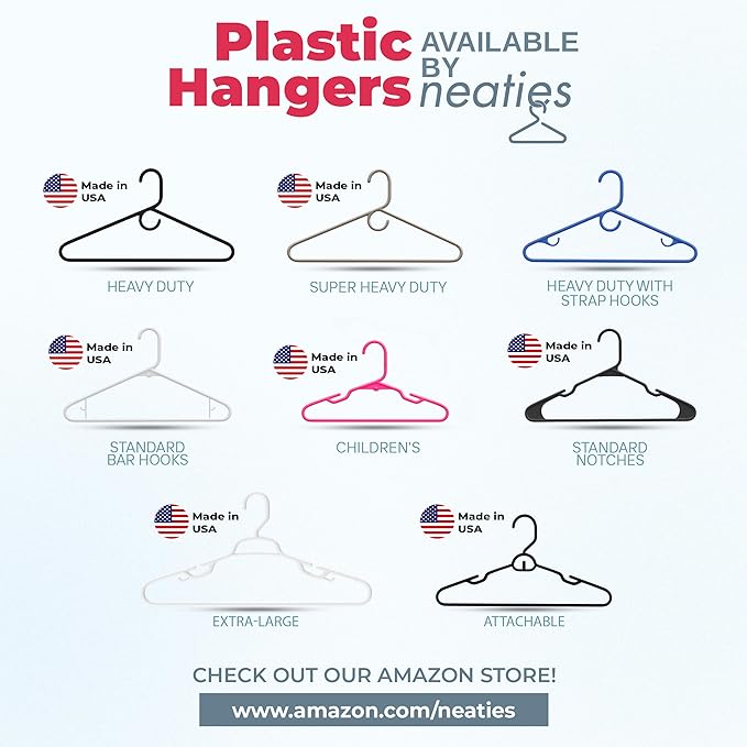 Neaties Plastic Hangers 30 Pack – Made in the USA – 6lb Capacity Standard Clothes Hangers with Strap Hooks for Dresses, Lingerie, Shirts, Pants, and Jackets – Black