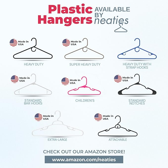 Neaties Plastic Hangers 100 Pack – Made in the USA – 6lb Capacity Standard Clothes Hangers with Strap Hooks for Dresses, Lingerie, Shirts, Pants, and Jackets – White & Blue
