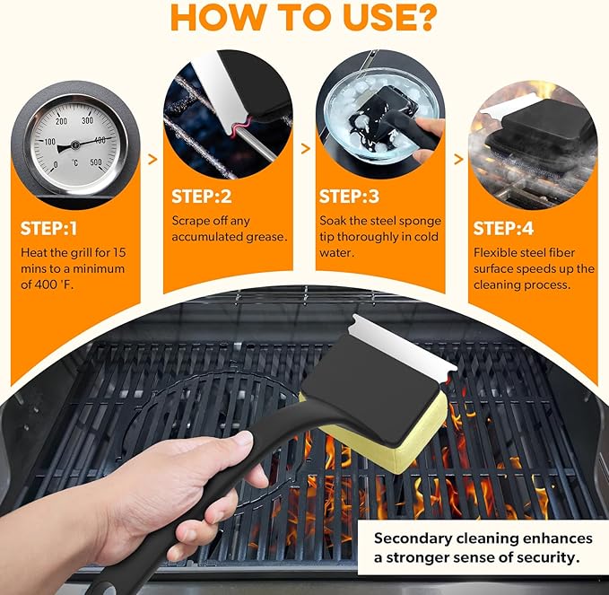 Grill Brush Bristle Free, Grill Brush with 5 Replacement Heads, Grill Cleaner Brush for Outdoor Grill, Cast Iron, Stainless Steel Grates, Grill Scraper Outdoor BBQ Grill, Dad Father Gift, Black