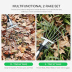 VIVOSUN 2-Piece Leaf Rake Set - Adjustable Garden/Camping Rake with 15/9 Tines, Collapsing Tines & Telescopic Handle (64'' & 30'')