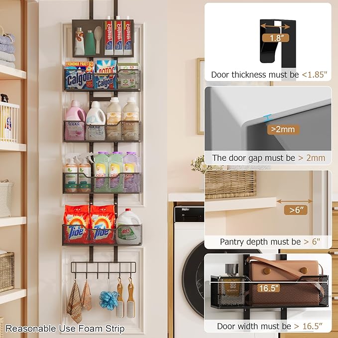 Adjustable Over The Door Organizer, Metal Hanging Door Storage with 4 Metal Baskets and PVC Pocket, Closet Door Organizer for Bathroom Bedroom Cabinet, Black