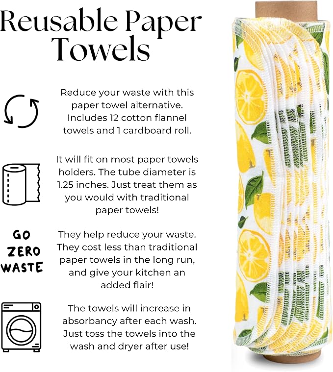 The Useless Brand Reusable Paper Towels Roll | Washable Cotton Flannel Sheets w/Cardboard Roll | Fits on Most Holders (Lemons, 12 Towels)