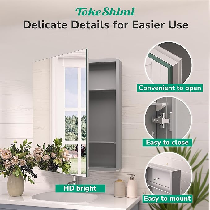 TokeShimi 14x24 Bathroom Mirror with Storage Tempered, Aluminum Silver Recessed Medicine Cabinet with Mirror Frameless Stepless Adjustable Shelf, Surface Mount Medicine Cabinet for Bathroom
