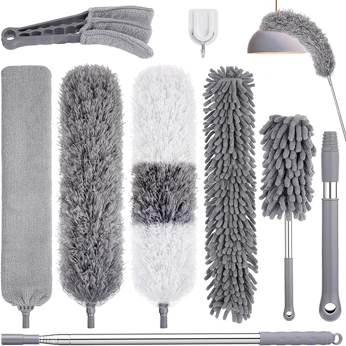 9PCS Dusters for Cleaning,Extendable Microfiber Duster with Extension Pole Up to 100'',Bendable Washable and Reusable Dusters Kit for Ceiling Fans, High Ceilings,Blinds,Furniture and Cars