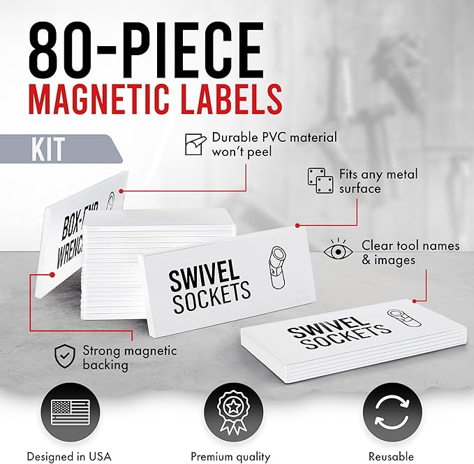 Toolbox Organization Magnetic Labels-80 Large Tool Chest Organizer Labels-Strong Magnets-Fits All Brands of Steel Tool Box Drawers(White 3.125x1.0 in)