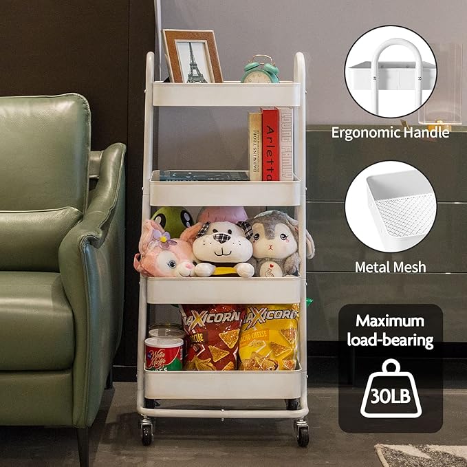 elabo 4-Tier Metal Mesh Utility Rolling Cart, Storage Organizer Trolley Services Cart with Lockable Wheels for Kitchen, Bathroom, Living Room (White)