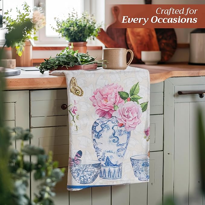 Maison d' Hermine Kitchen Towels Set of 3 100% Cotton 27.50" x 20" Reusable Cloth Tea Dish Towels Absorbent with Hanging Loop for Kitchen, Home, Dining, Cocktail Parties Spring/Summer (Canton)