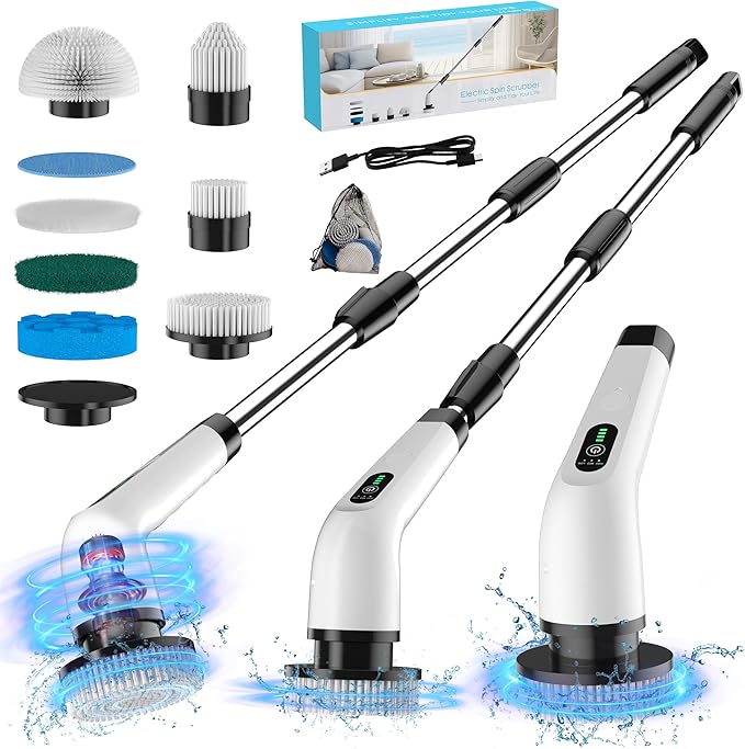 Electric Spin Scrubber - 120Min Cordless Shower Bathroom Cleaner with 8 Brush Heads | 440 RPM Power Scrubber (3-Speed) & Adjustable Extension Handle for Cleaning Bathtub, Tile, Grout