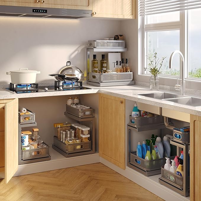 2-Pack Under Sink Storage Organizer with 2-Tier Slide Out Drawer, Sophisticated Mesh Pull Out Shelf for Kitchen & Bathroom, Fits Small Items, Upgraded Arched Track for Smooth Gliding(Patented)
