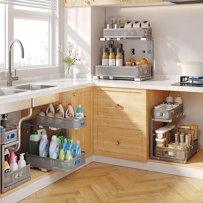 2 Pack 15.7IN-Depth Under Sink Organizer With Smooth Cylindrical Rail,2-Tier Pull Out Multi-Purpose Cabinet Storage for Bathroom&Kitchen,Height Adjustable,Rust-resistant Coating-Gun Gray