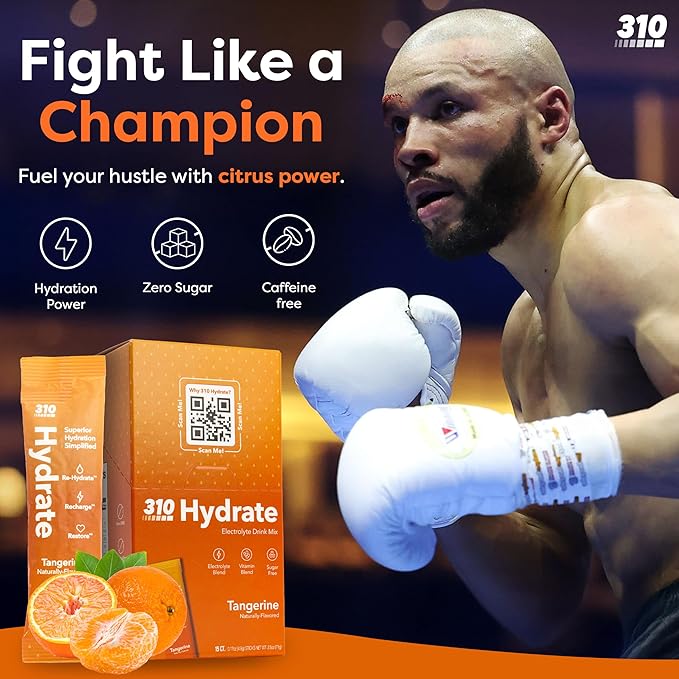 310 Nutrition Sugar Free Electrolytes Powder - Instant Hydration Packets Chris Eubank Jr. Edition - Caffeine-Free Rehydration Drink Mix w/Vitamin, Low Calorie & Keto Friendly - Tangerine 30 Singles