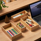 Umilife Bamboo Kitchen Utensils Organizer, Extra High Silverware Drawer Tray, Flatware Cutlery Storage Box, Multi-Use Holder in Office, Bathroom, Pantry - 15"x6"x2.5" (Set of 2)