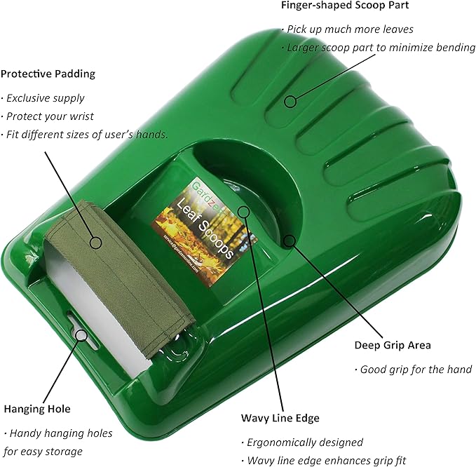 Gardzen Large Leaf Scoop Hand Rakes, Debris and Yard Waste Removal, Comes with 72 Gallon Garden Bag, Work Gloves, Protective Pads(Green)