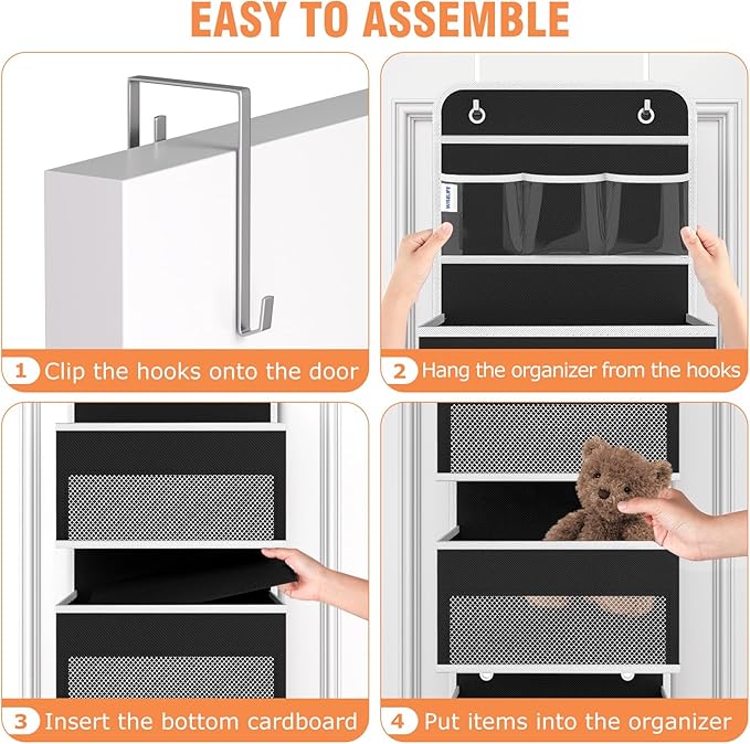 WISELIFE Over the Door Organizer - 6 Shelves Detachable Hanging Bedroom Storage Solution with 5 Large Pockets and 3 PVC Pockets for Dorm Bathroom, Pantry Nursery Baby Essentials (Black)