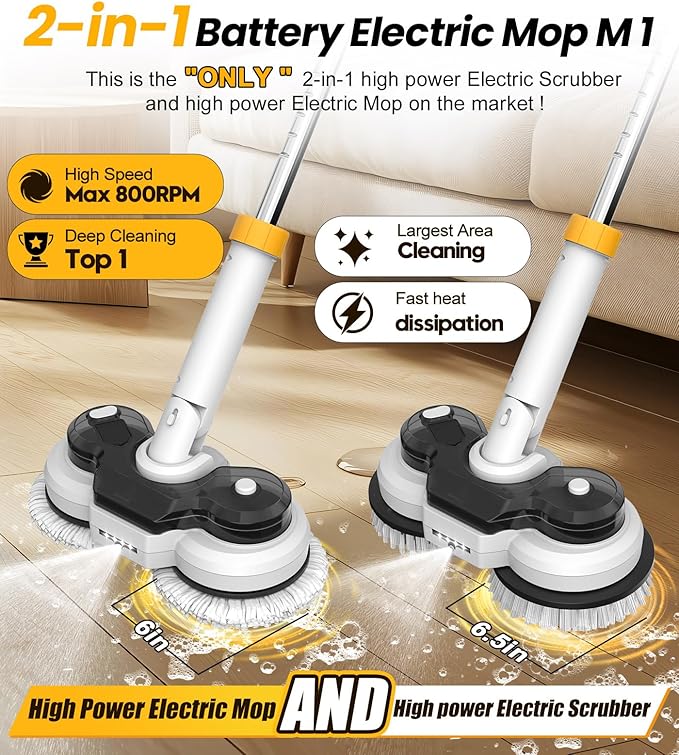 qimedo 800RPM Cordless Electric Mop, 6000mAh Battery Electric Power Scrubber & Mops for Floor Cleaning, Best Automatic Spin Mops with Smart Display,Rotating Mop with LED Light & Water Spray