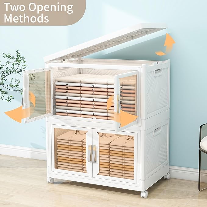 Large Stackable Storage Bins with Lids, 660QT-165QT*4Tier Foldable Cabinet for Closet Organizers, Plastic Storage Containers Box with Wheels