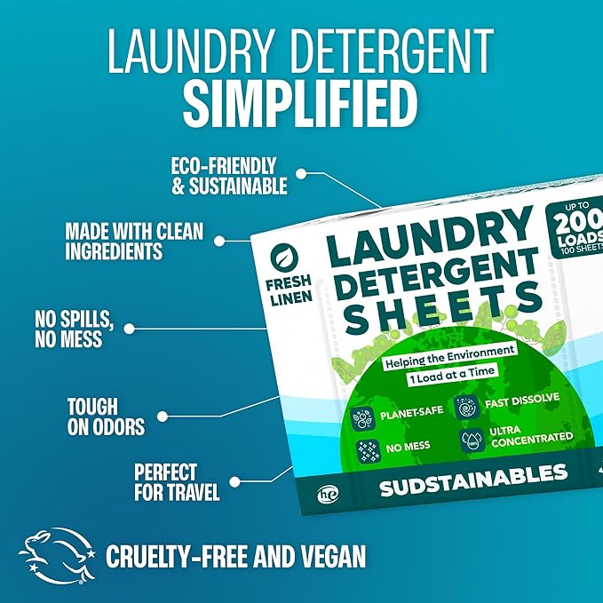 Sudstainables Laundry Detergent Sheets (200 Loads) – Eco-Friendly, Zero Waste, Plastic-Free Laundry Washing Machines Soap Sheets; Dissolvable, Space-Saving Strips for Travel (Fresh Linen)