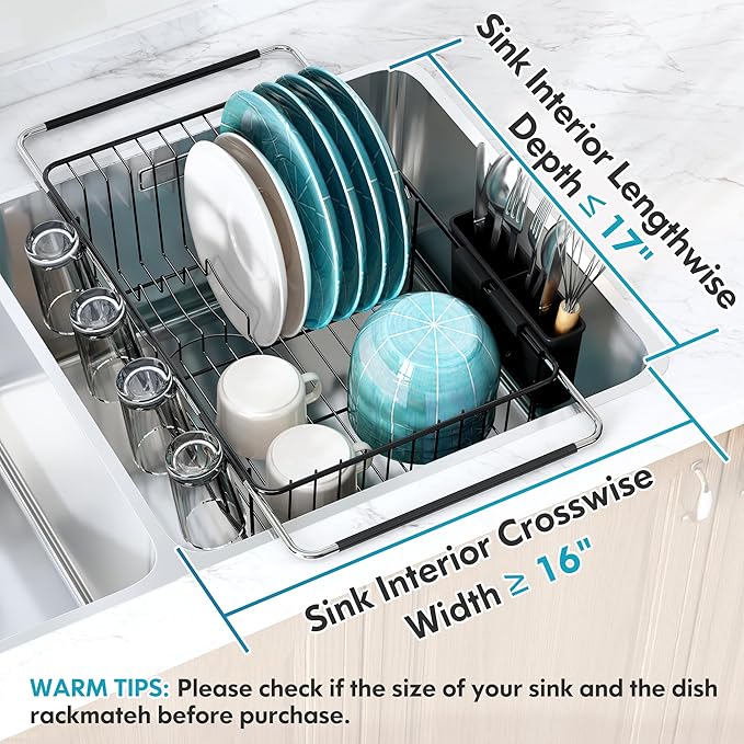 Over the Sink Expandable Dish Drainer Drying Rack In Stainless Steel for Small Kitchen, Counter Space Saving Modern Compact Metal Above Plate Dryer Strainer, Adjustable Hanging Inside Drain Holder