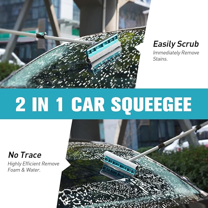12FT Car Wash Brush with Long Handle, Car Cleaning Kit with Soft Wash Brush, Tire Brush, Window Squeegee, Microfiber Cleaning Head, Mitt, for House Siding, Auto Cars, Trucks, SUV, RV, Floors