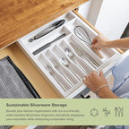 Premium Silverware, Flatware and Utensil Organizer for Kitchen Drawers, Food-Safe Contract Grade, Expandable from 16 to 28 In, White Bamboo