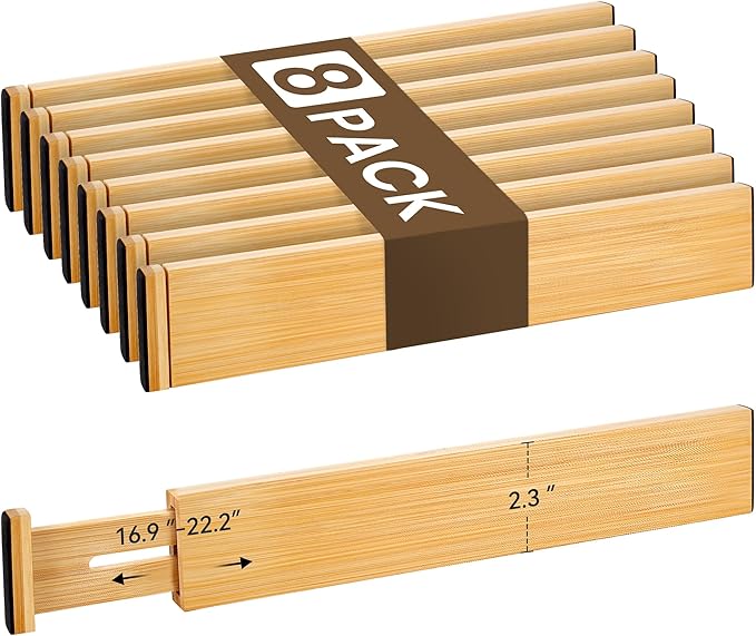 Bamboo Drawer Divider Set of 8, Adjustable Spring-Loaded Drawer Organizer (16.9"-22.2"), 2.3" Height, Suitable for Kitchen, Desk, Bathroom, Clothing, and Miscellaneous Drawer Organization, Natural