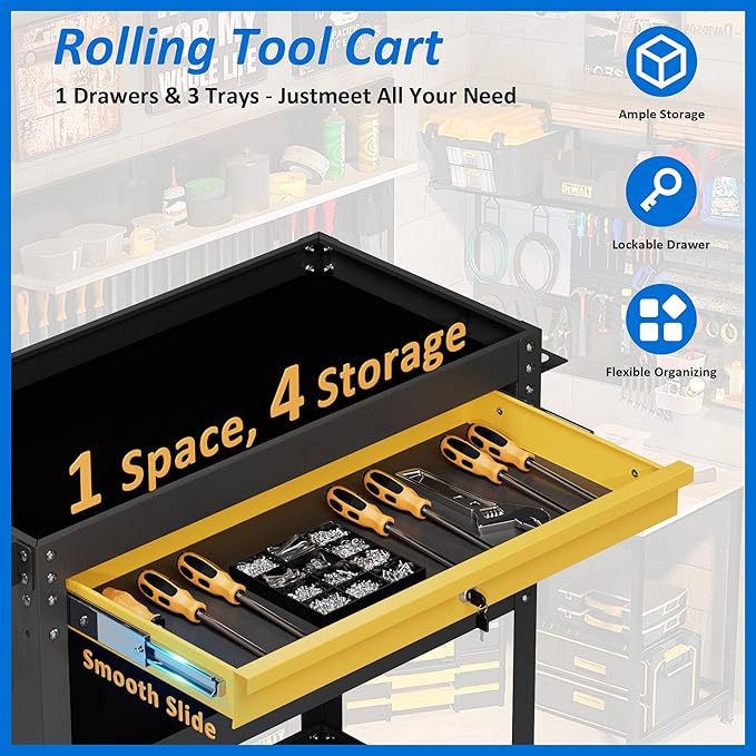 3 Tier Heavy Duty Rolling Tool Cart on Wheels with Drawer & Pegboard, 420Lbs Capacity Mobile Garage Storage Organizer Cart for Mechanics, Workshop