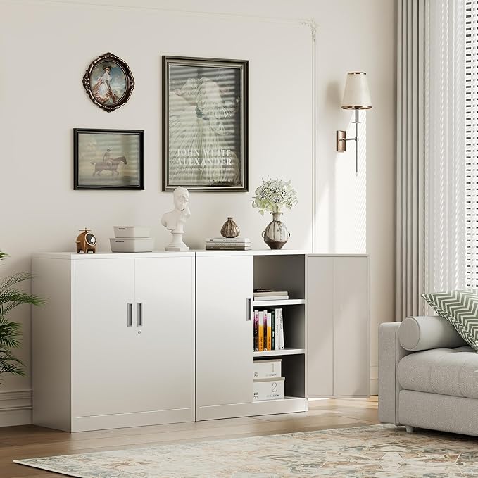 Metal Garage Storage Cabinets，36" Steel File Cabinet with 2 Adjustable Shelves, Lockable Storage Cabinets for Office, Home, Garage, Warehouse 36.2" H x 31.5" W x 15.7" D (White)