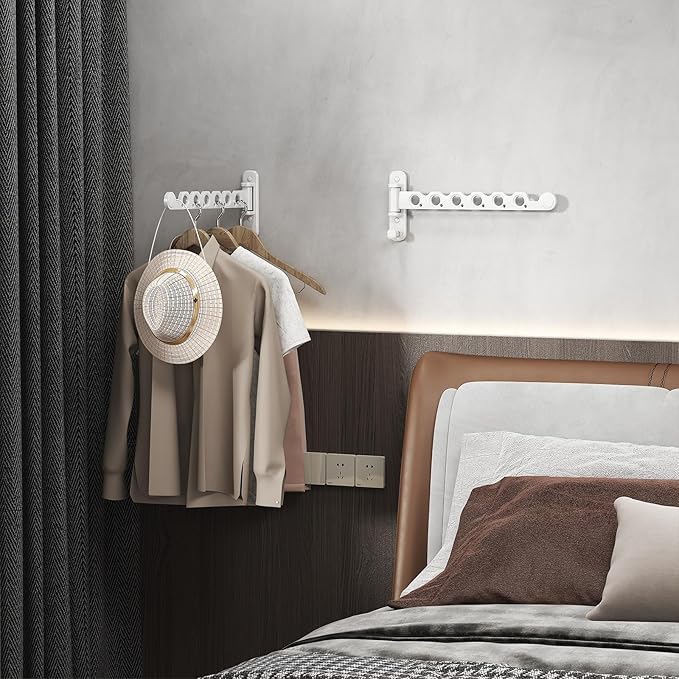 Wall Mounted Clothes Hanger Rack Foldable Drying Rack Hook Folding Indoor for Laundry Room Organization Bedroom Collapsible Racks Perfect for Small Spaces, 6 Hole White 2 Packs