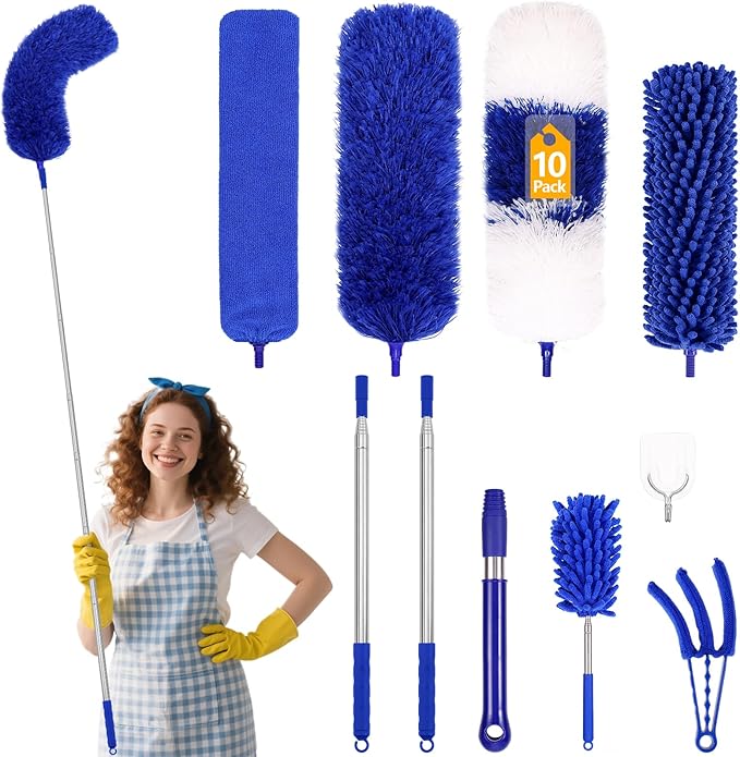 10PCS Dusters for Cleaning, Extendable Microfiber Duster with Extension Pole Up to 100'', Bendable Washable Cleaner Dusters for Cleaning Fan, High Ceiling, Blinds, Furniture, Car