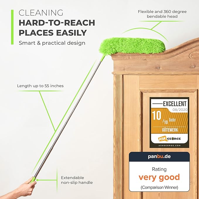 Extendable Microfiber Feather Duster, Feather Dusters for Cleaning, Ceiling Fan Dust and Cobweb Cleaner - Electrostatic Bendable Head - up to 55 Inch