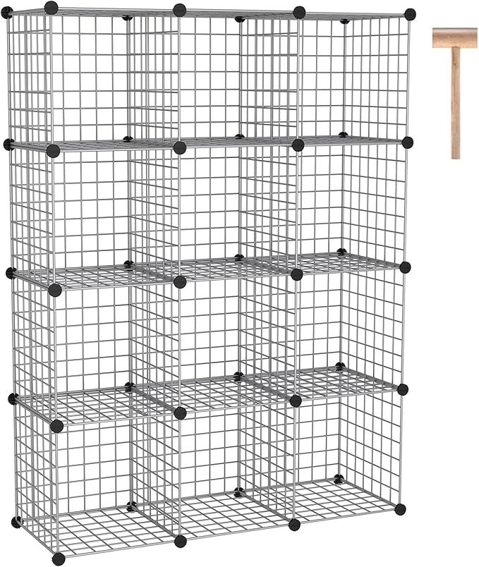 C&AHOME Wire Cube Storage, 12 - Cube Organizer Metal C Grids, Modular Shelves Units, Closet Organizer, Ideal for Home, Office, Living Room, 36.6”L x 12.4”W 48.4”H, Silver Gray UWCS3012G