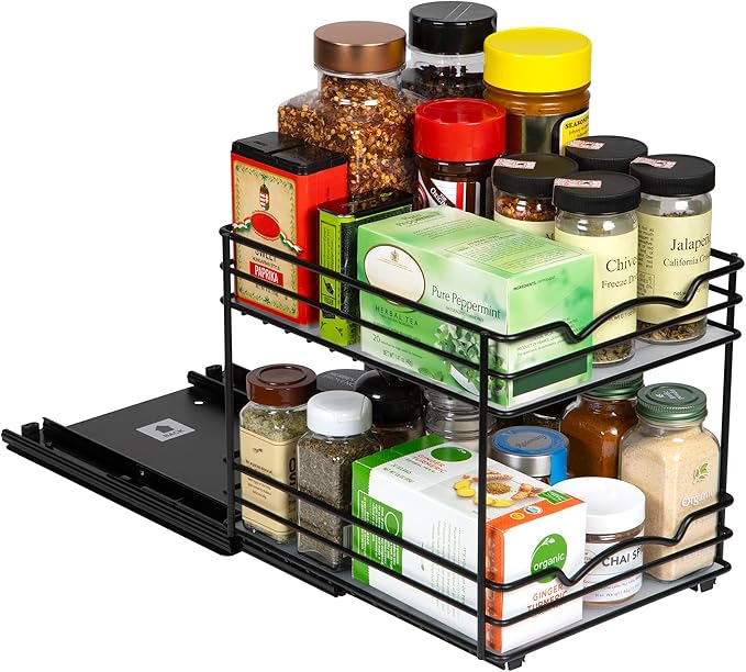 Pull Out Cabinet Organizer for Spices, Cans - Heavy Duty with Lifetime Limited Warranty- Pull Out Spice Rack- Cabinet Pull Out Shelf for Cans,Dishes, Etc, 8-1/2"Wx10-3/8"Dx8-7/8"H, Black