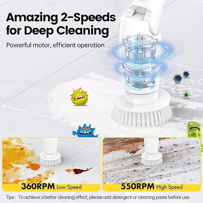Electric Spin Scrubber, Cordless Cleaning Brush Shower Scrubber Up to 550 RPM with 9 Replaceable Brush Heads, Bathroom Scrubber Adjustable Extension Handle for Cleaning Bathroom Kitchen(Grey)