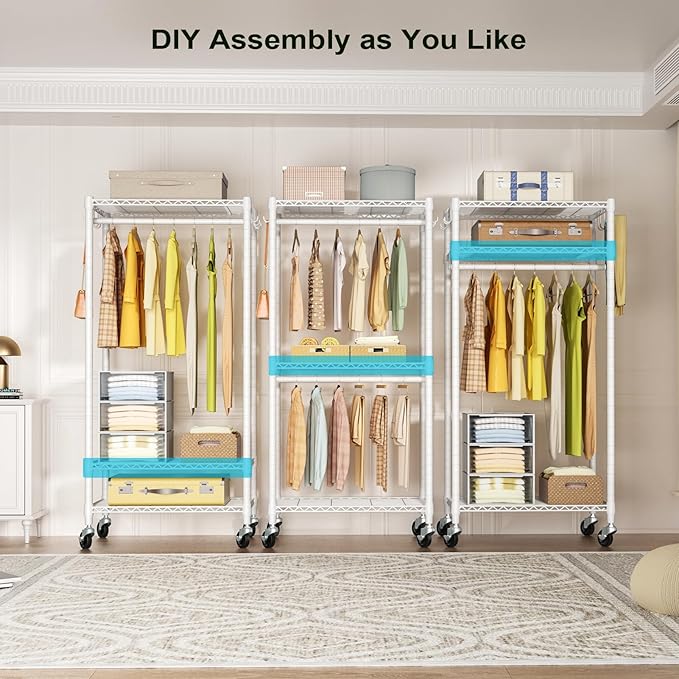 P3 Mini Rolling Clothes Rack, Clothing Racks for Hanging Clothes, Heavy Duty Garment Rack, Freestanding Portable Closet Rack 23.6'' W x 14'' D x 78.5'' H, Max Load 430 Lbs, White