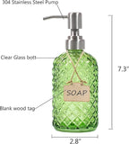 Bathroom & Kitchen Glass Hand and Dish Soap Dispenser with 304 Rustproof Stainless Steel Pump (Green-2pack)