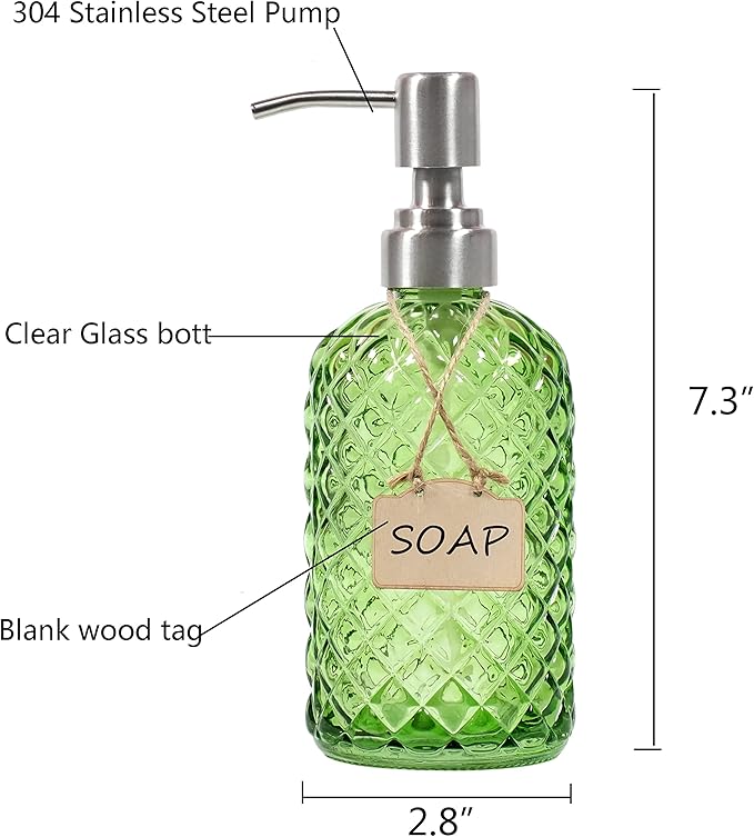 Bathroom & Kitchen Glass Hand and Dish Soap Dispenser with 304 Rustproof Stainless Steel Pump (Green-2pack)